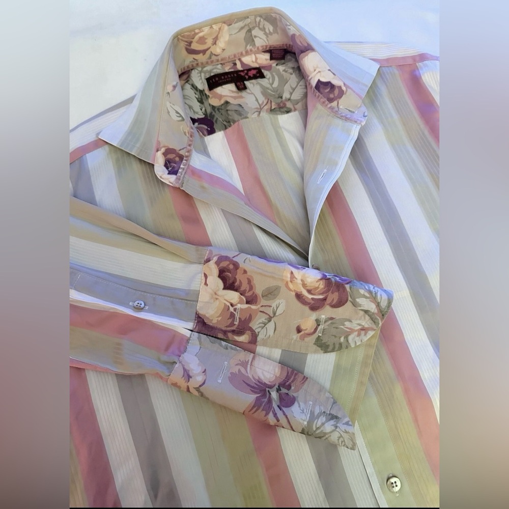 TED BAKER LONDON Mens 15.5/39 Flip Cuff Striped French Cuff Pearl Buttons Sheen - Picture 2 of 14